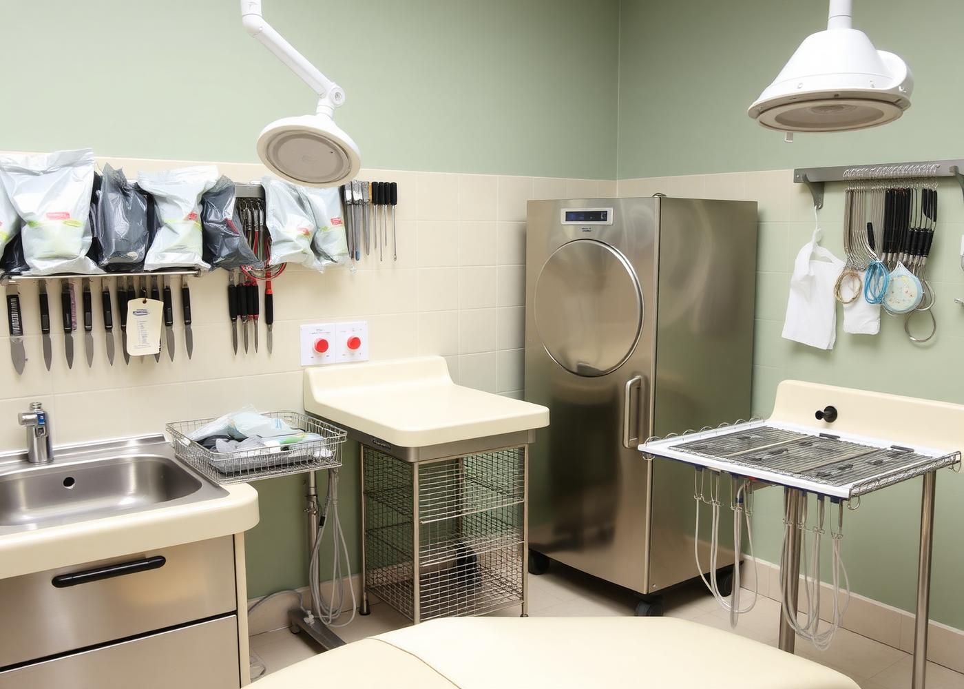 Sala de esterilização com autoclave e instrumentos embalados