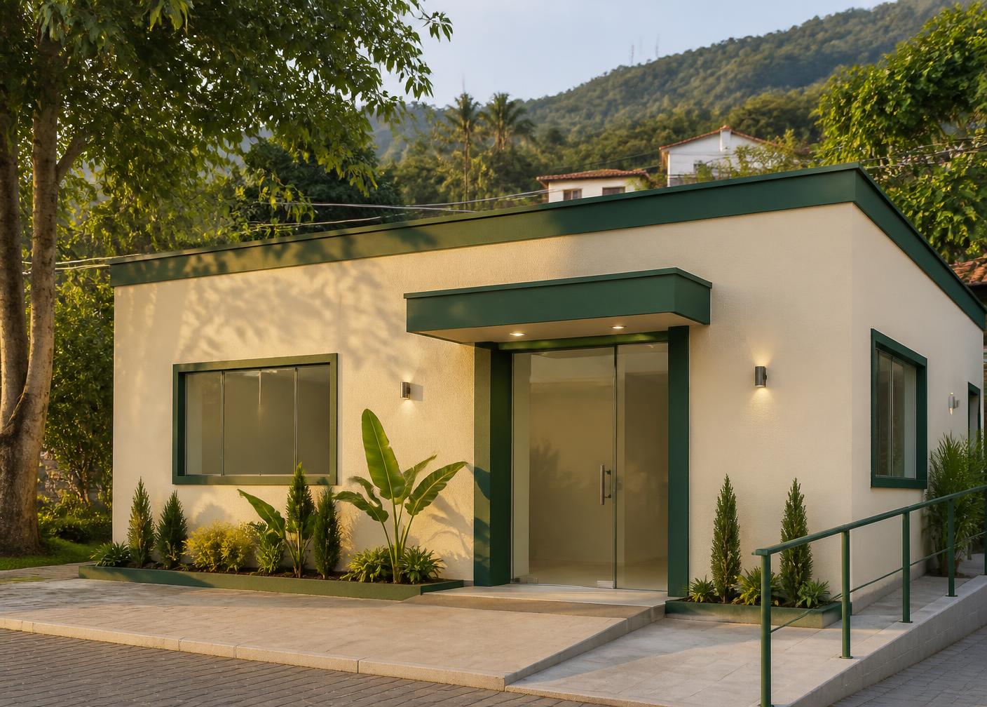 Fachada de uma clínica em rua arborizada