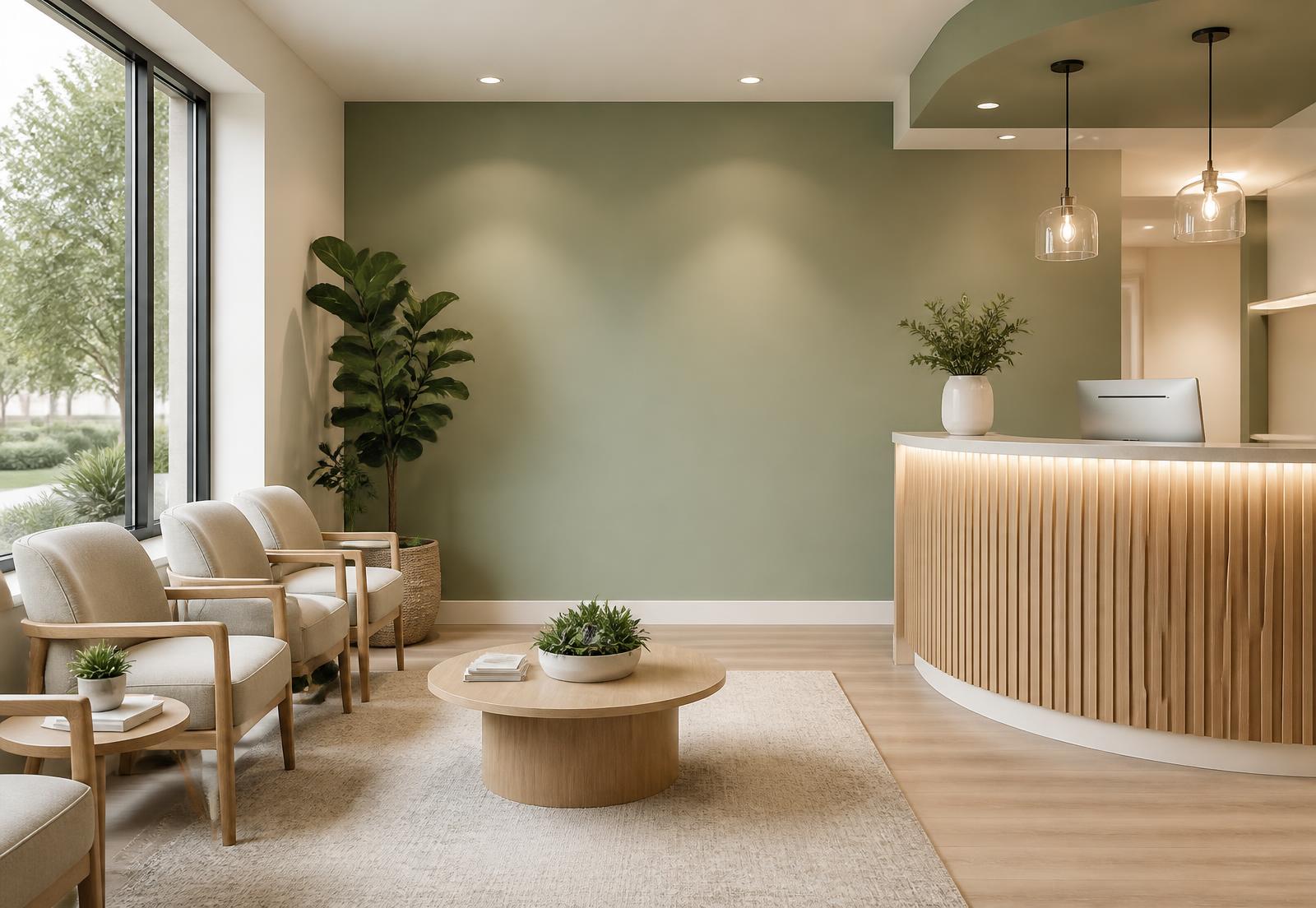 Recepção da Tanque Odontologia, com poltronas claras e parede verde